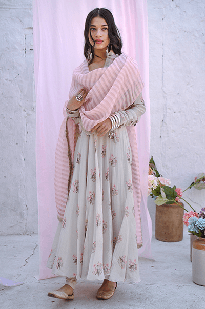 Ambara Grey digital printed Anarkali with Chooridar and Organza dupatta - RTS - Indiakreations