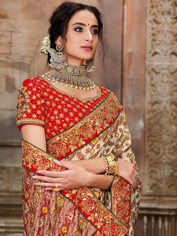 Orange & White Aesthetic Patola Designer Saree