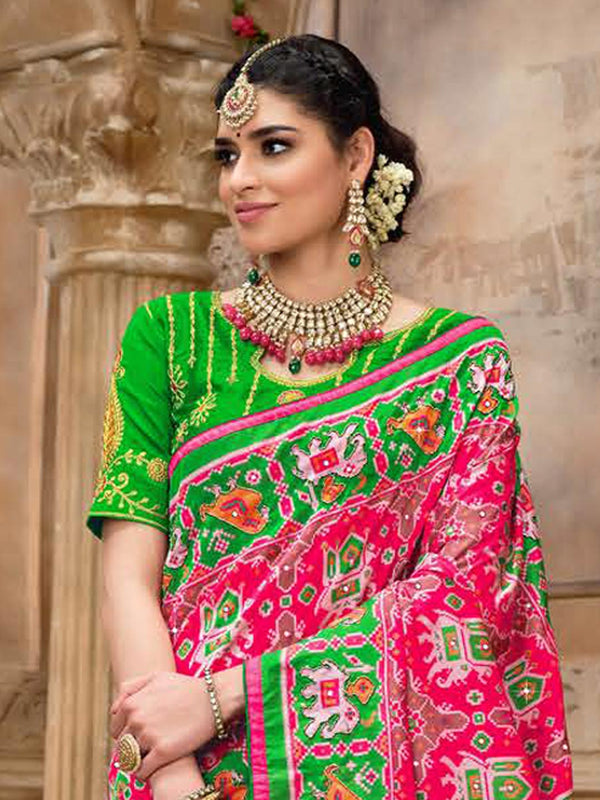 Parrot Green & Pink Elegant All Over Patola Printed Designer Saree