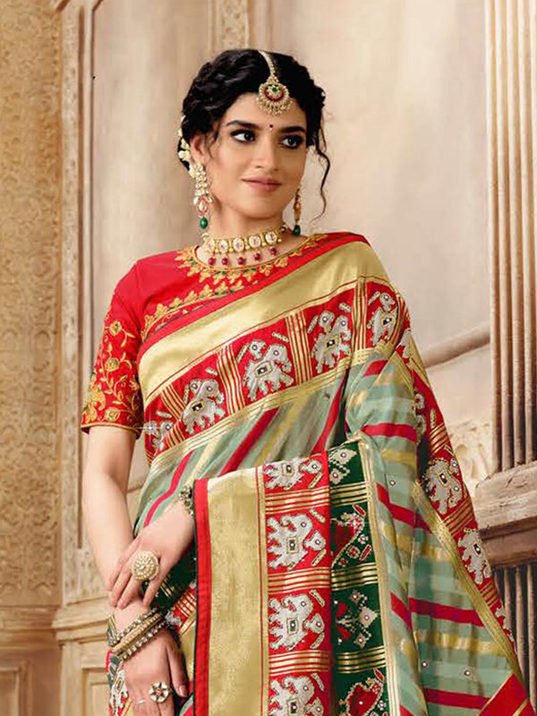 Orange & Green Patola Print Saree With Golden Minimal Border