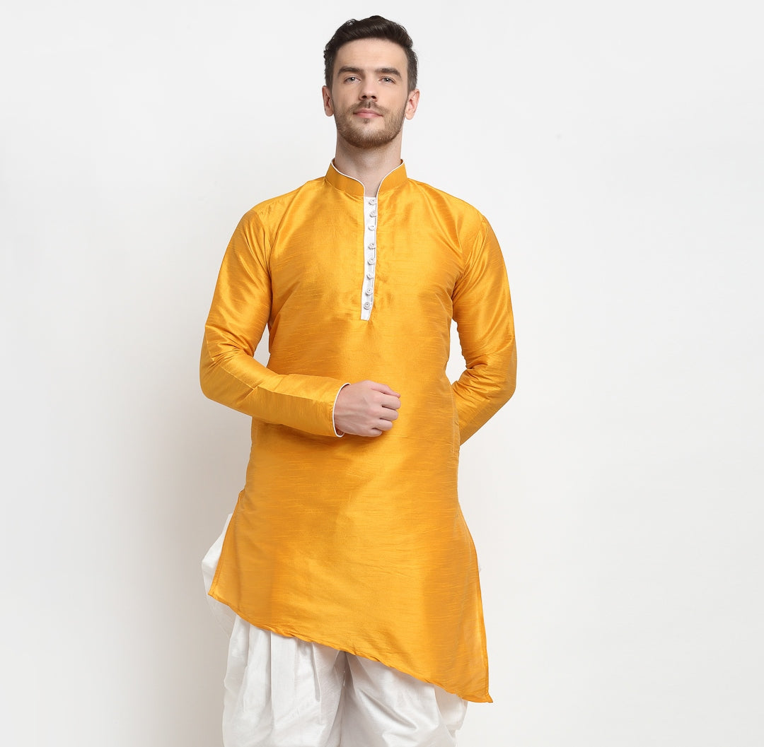 Men's Silk Blend Mustard Asymmetrica Short Kurta - Benstoke