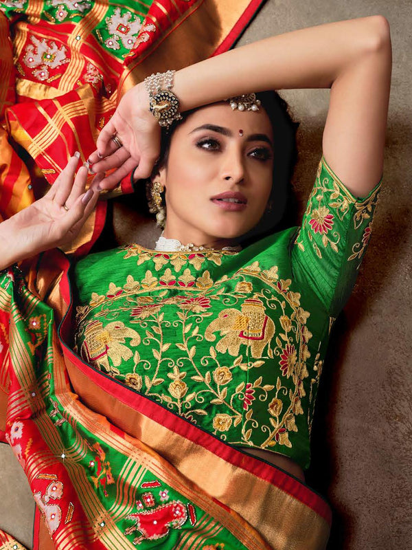 Green & Orange Traditional Patola Saree For Women