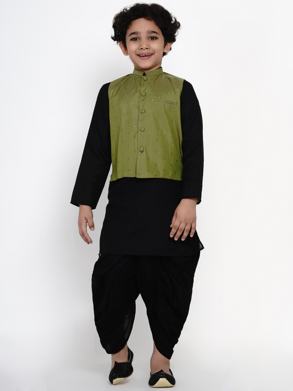 Boy's Black & Green Dhoti Kurta Set for Boys with Waistcoat - NOZ2TOZ KIDS