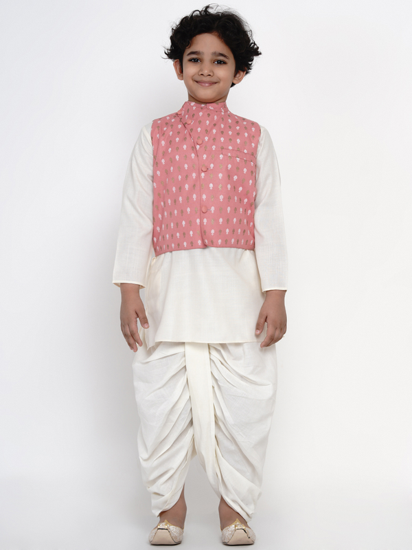 Boy's White & Peach Dhoti Kurta Set for Boys with Waistcoat - NOZ2TOZ KIDS