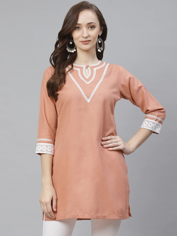 Women's  Peach-Coloured Solid Straight Kurti - Wahe-NOOR