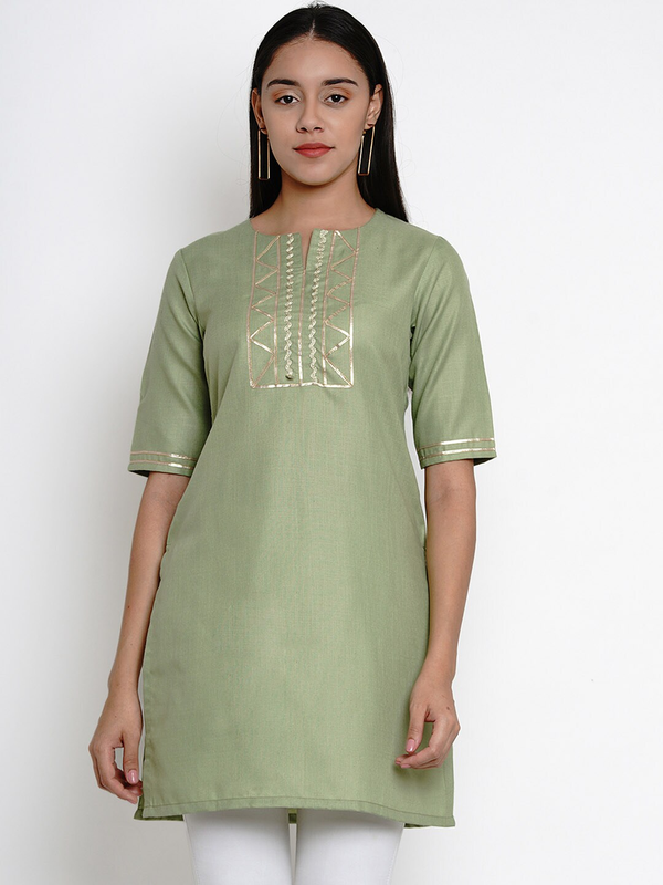 Women's  Green Kurti With Lace Detailing - Wahe-NOOR