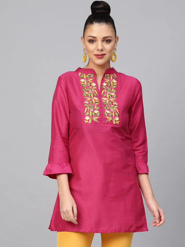 Women's  Pink Yoke Design A-Line Kurti - Wahe-NOOR