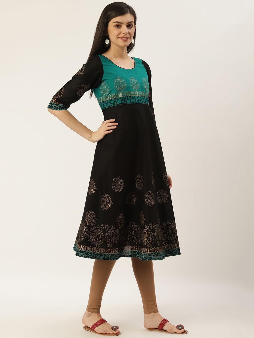 Women's Black & Golden Block Print A-Line Kurta - Noz2Toz - Indiakreations