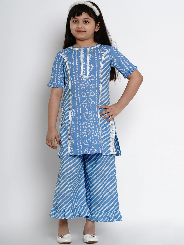 Girl's Blue & White Striped Kurta & Palazzo Set  - NOZ2TOZ KIDS