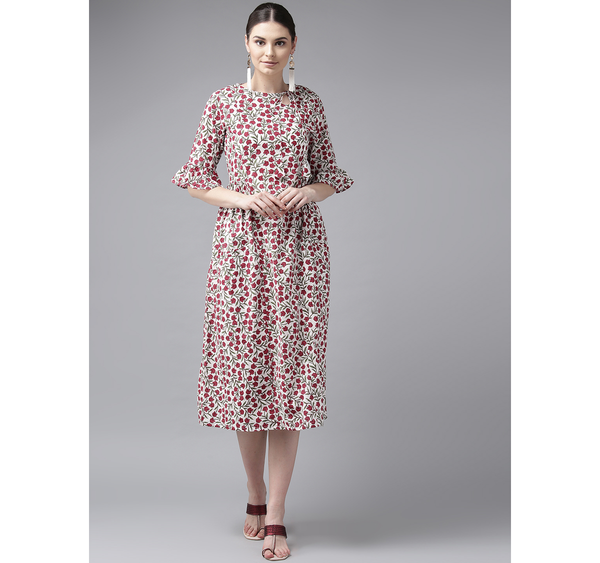 Women's  White & Maroon Floral Print A-Line Dress - Wahe-NOOR