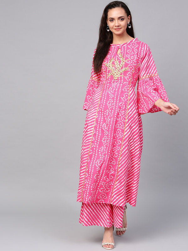 Women's  Pink & White Bandhani Print Kurta With Palazzos - Wahe-NOOR