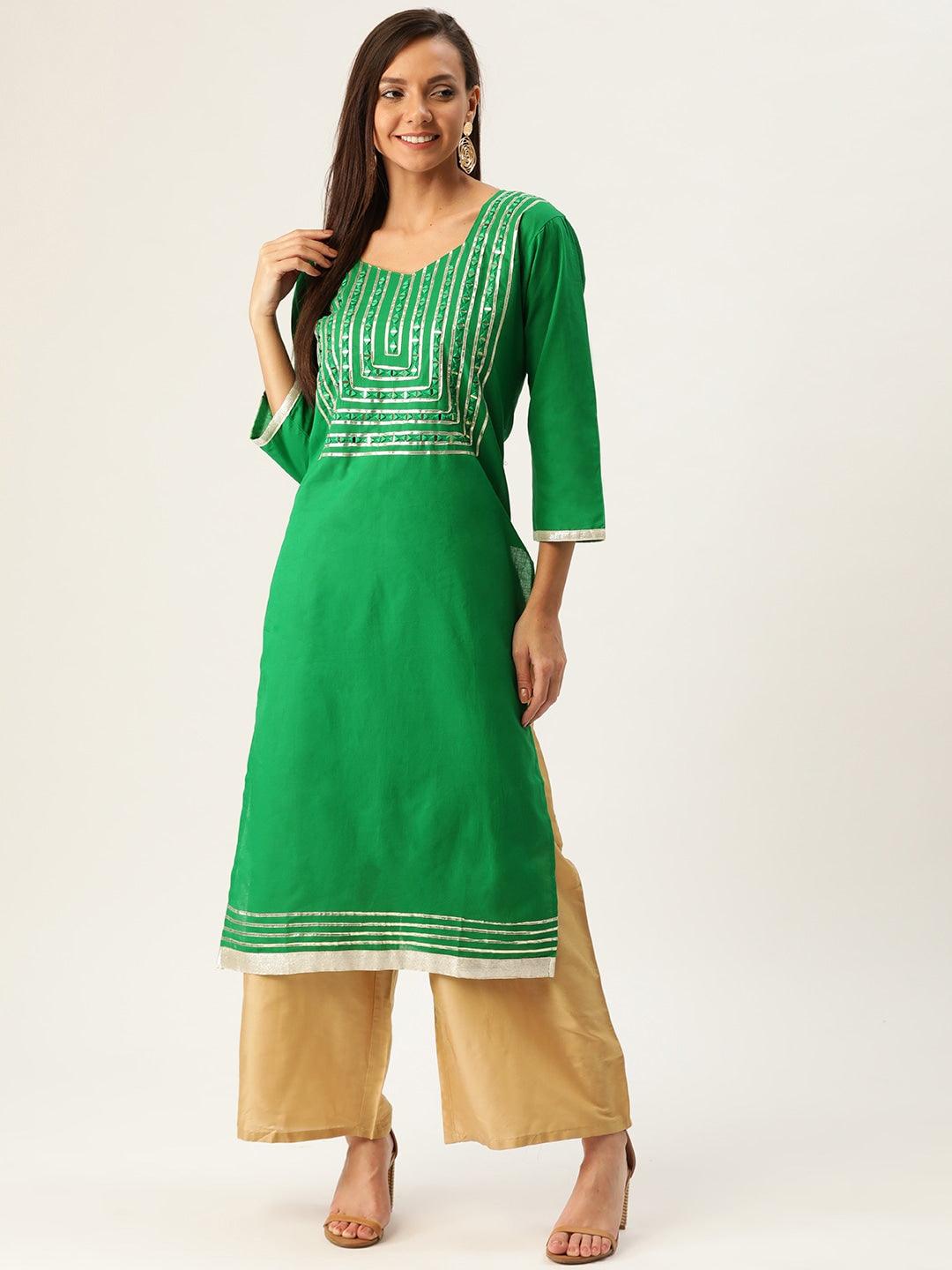 Women's Green & Golden Yoke Design Straight Kurta - Noz2Toz - Indiakreations