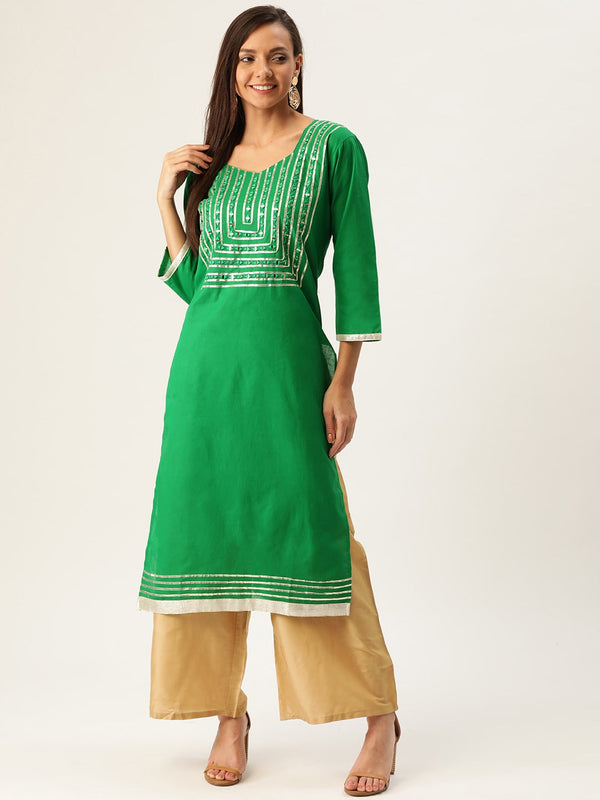 Women's Green & Golden Yoke Design Straight Kurta - Noz2Toz