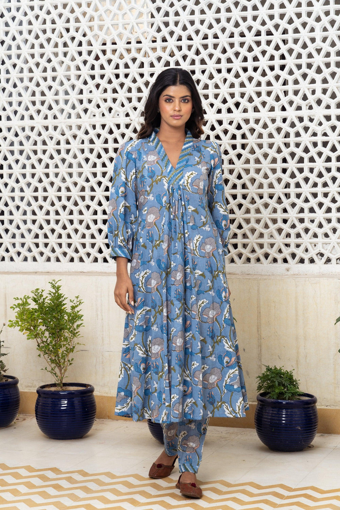 Light blue floral Kurta Set Of 2 - Indiakreations