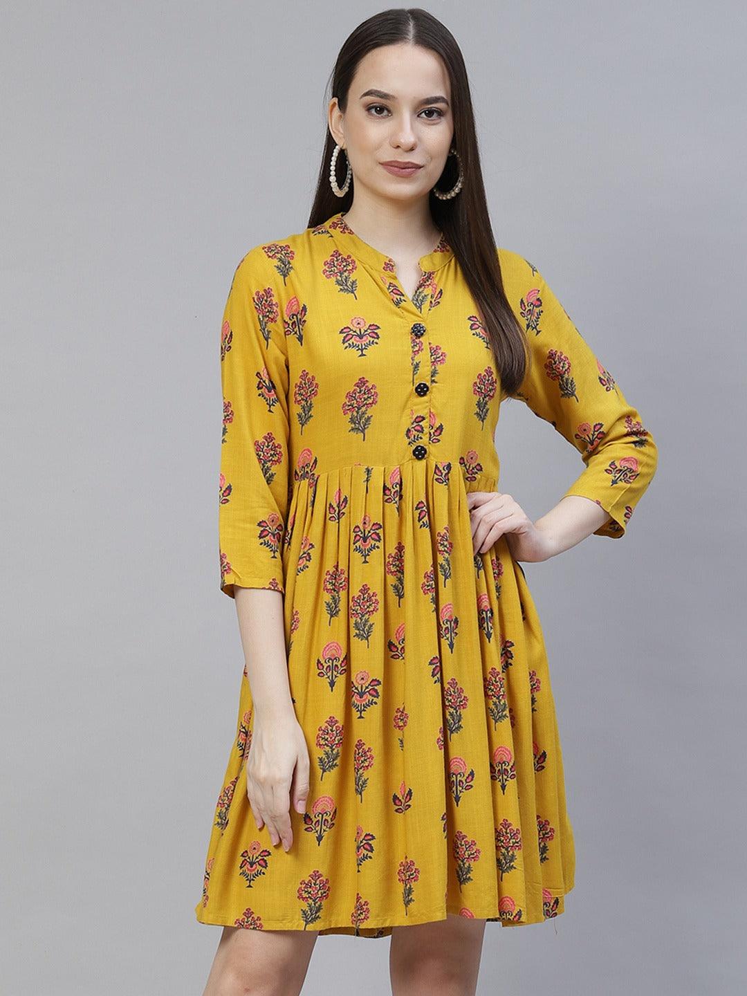 Women's mustard yellow and pink floral printed flared short dress - Meeranshi - Indiakreations