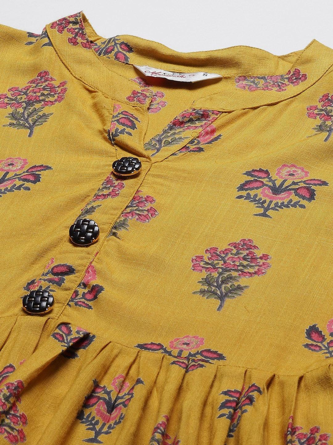 Women's mustard yellow and pink floral printed flared short dress - Meeranshi - Indiakreations