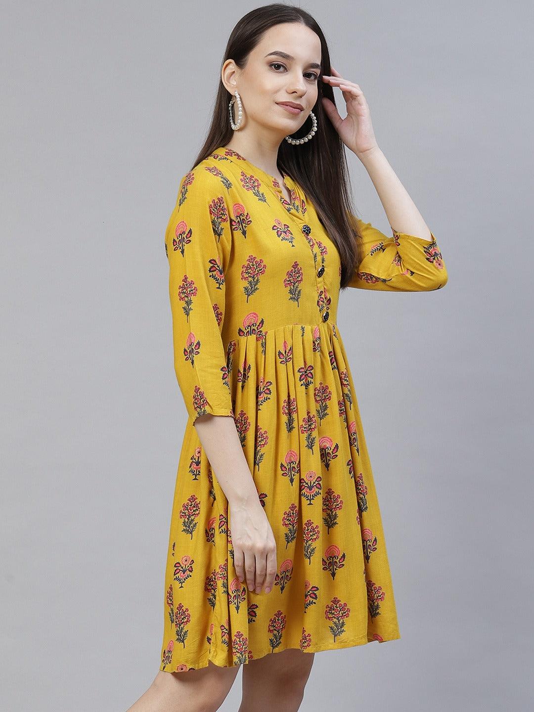 Women's mustard yellow and pink floral printed flared short dress - Meeranshi - Indiakreations