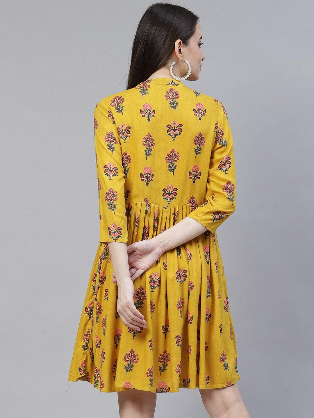 Women's mustard yellow and pink floral printed flared short dress - Meeranshi - Indiakreations