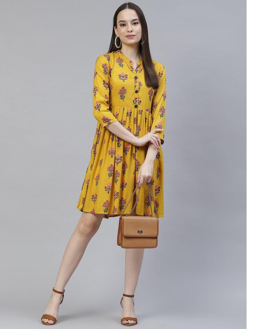 Women's mustard yellow and pink floral printed flared short dress - Meeranshi - Indiakreations