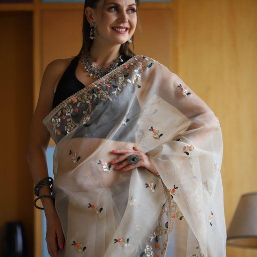 Designer Organza Saree in Beige with Embroidered work - Indiakreations