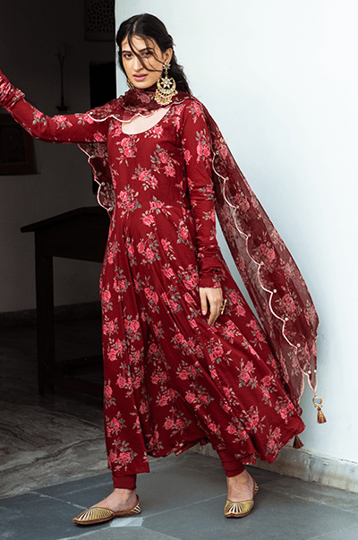 Bhanvara Deep Red printed Anarkali with chooridar and dupatta- set of 3 - RTS - Indiakreations