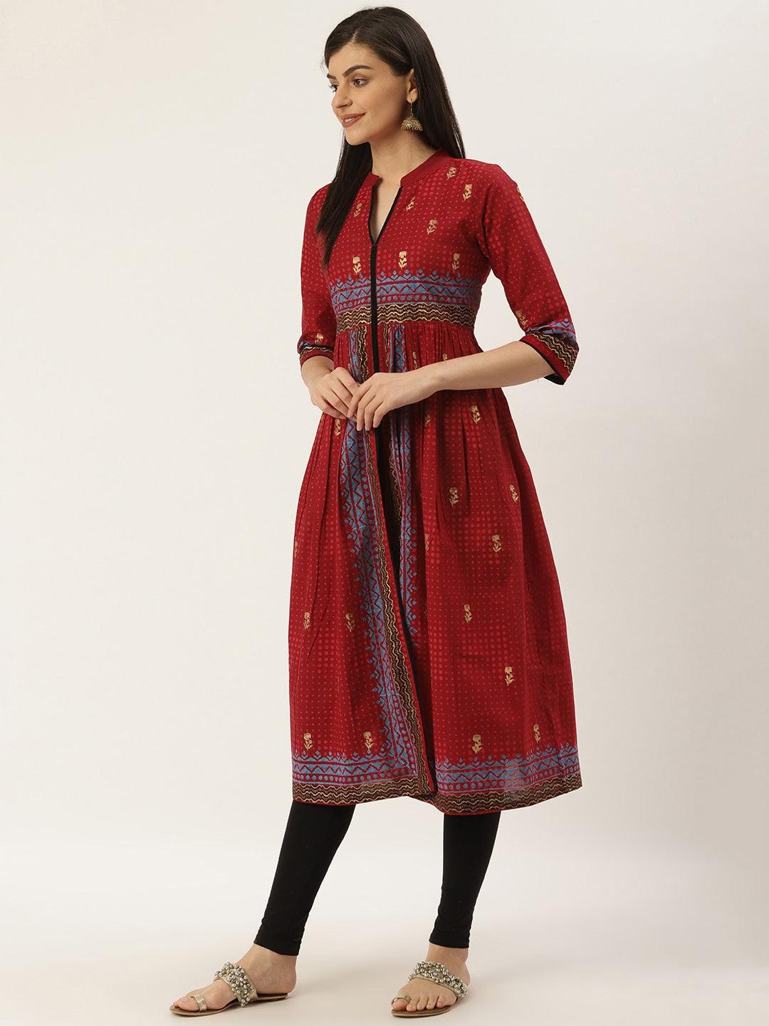 Women's Maroon & Golden Block Printed High Slit A-Line Kurta - Noz2Toz - Indiakreations