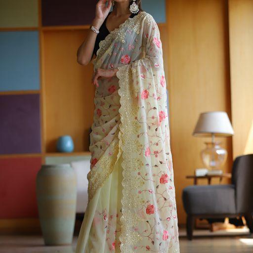 Georgette Off White Embroidered Trendy Saree - Indiakreations