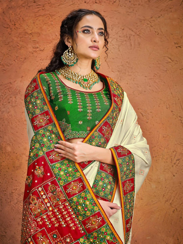 White-Red-Green Kutchi Embroidery With Mirror Work Elegant Saree