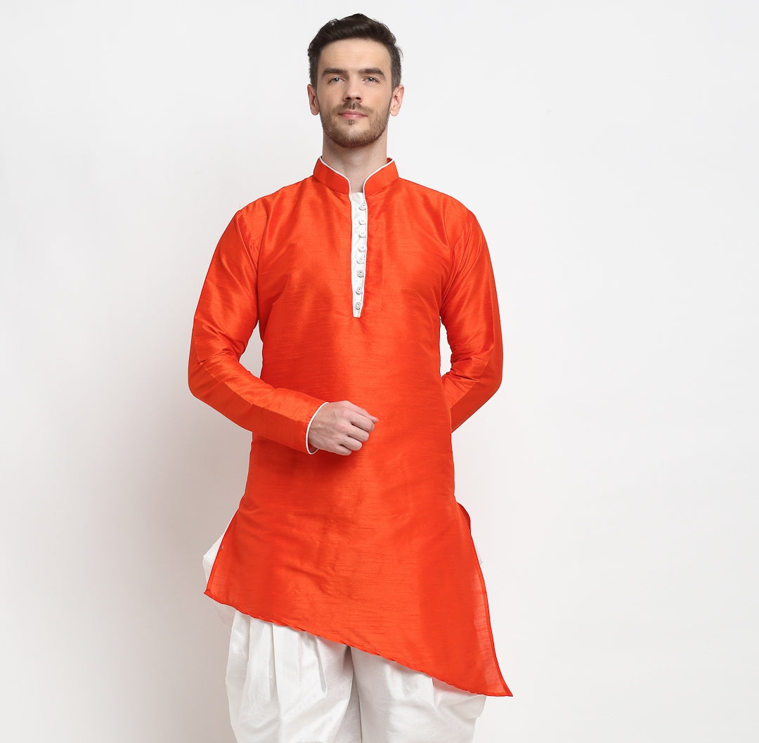 Men's Silk Blend Red Asymmetrica Short Kurta - Benstoke