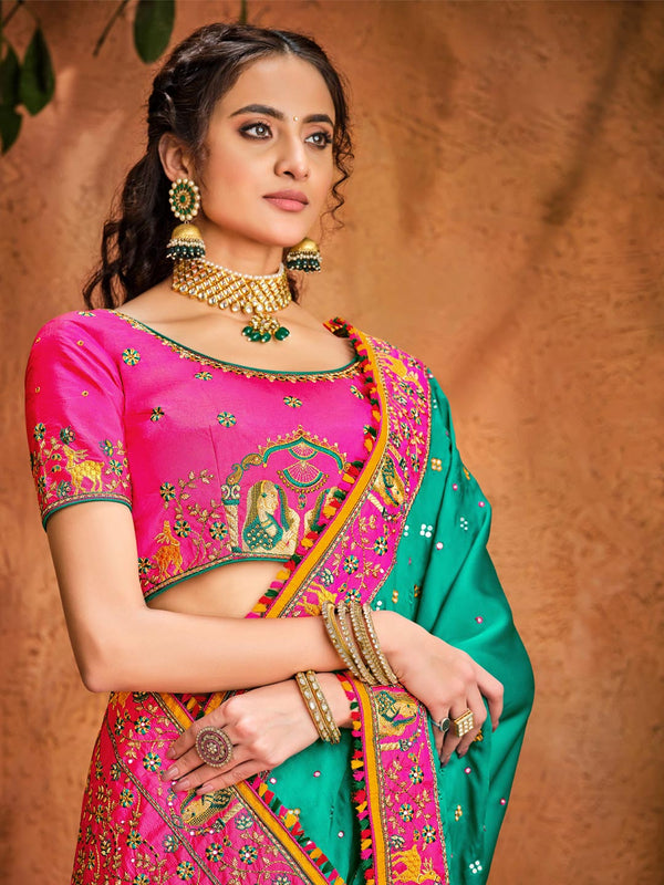 Blue-Pink Color Coordinated Graceful Kutchi Work Designer Saree