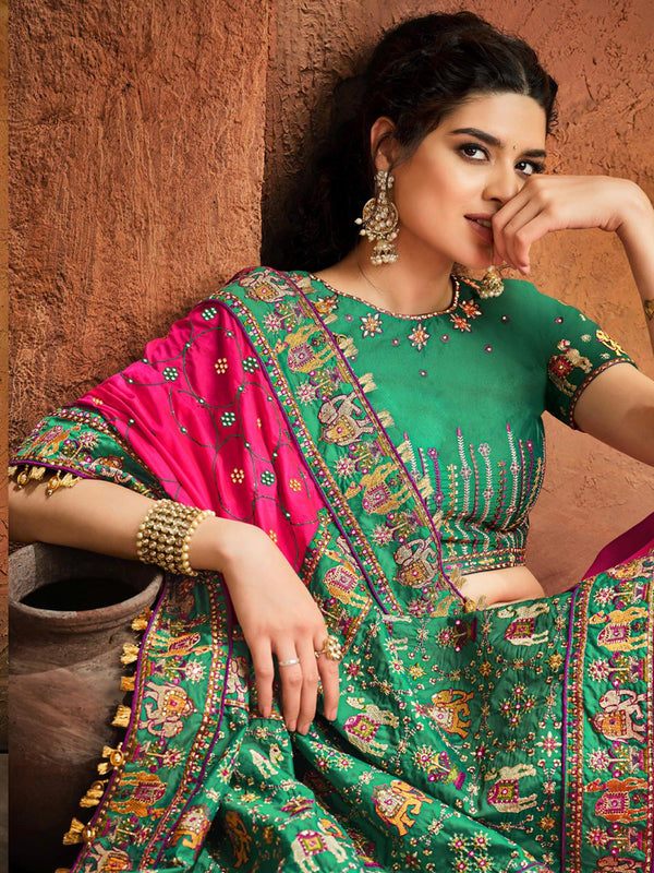 Sea Green & Pink Classic Kutchi & Mirror Work Designer Saree