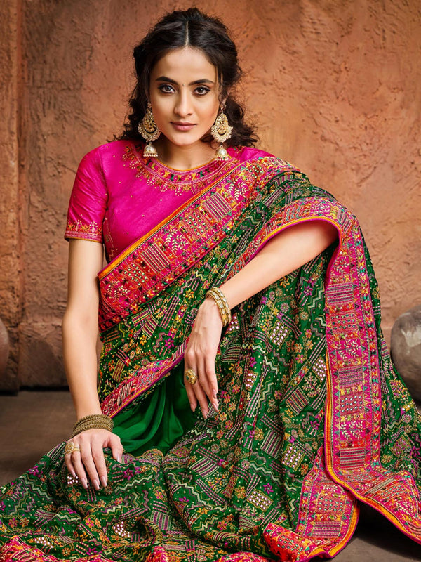 Green-Pink Heavily Embellished Kutchi Work Womens Saree