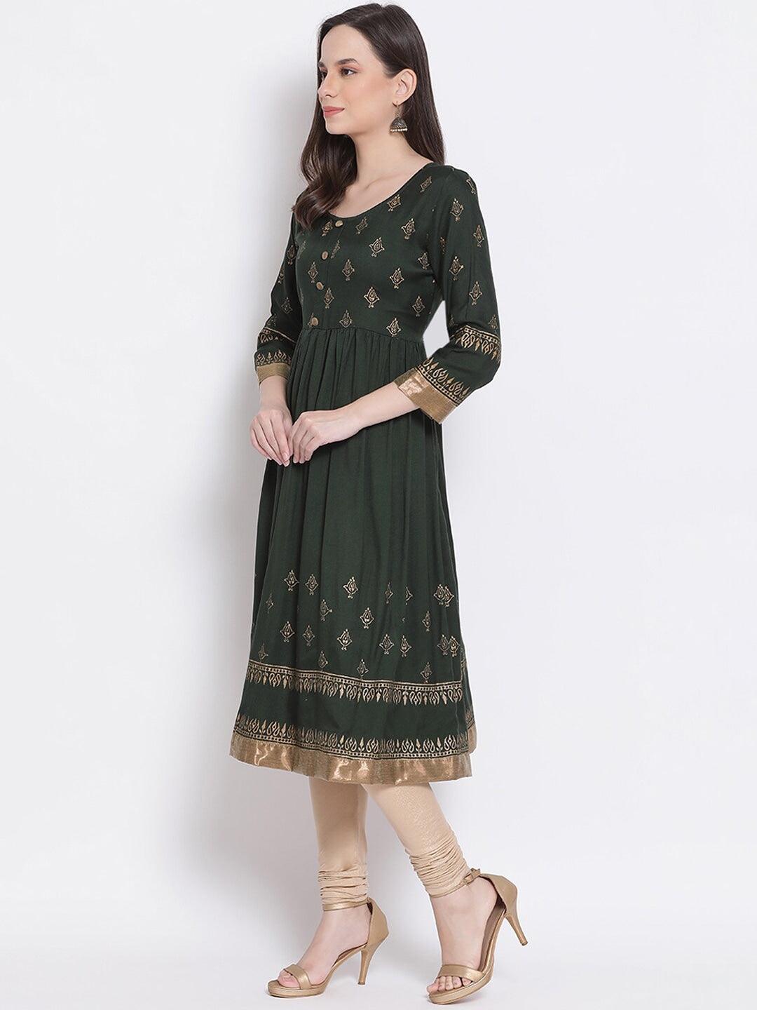 Women's Green & Dark Charcoal Ethnic Motifs Printed Anarkali Kurta - Noz2Toz - Indiakreations