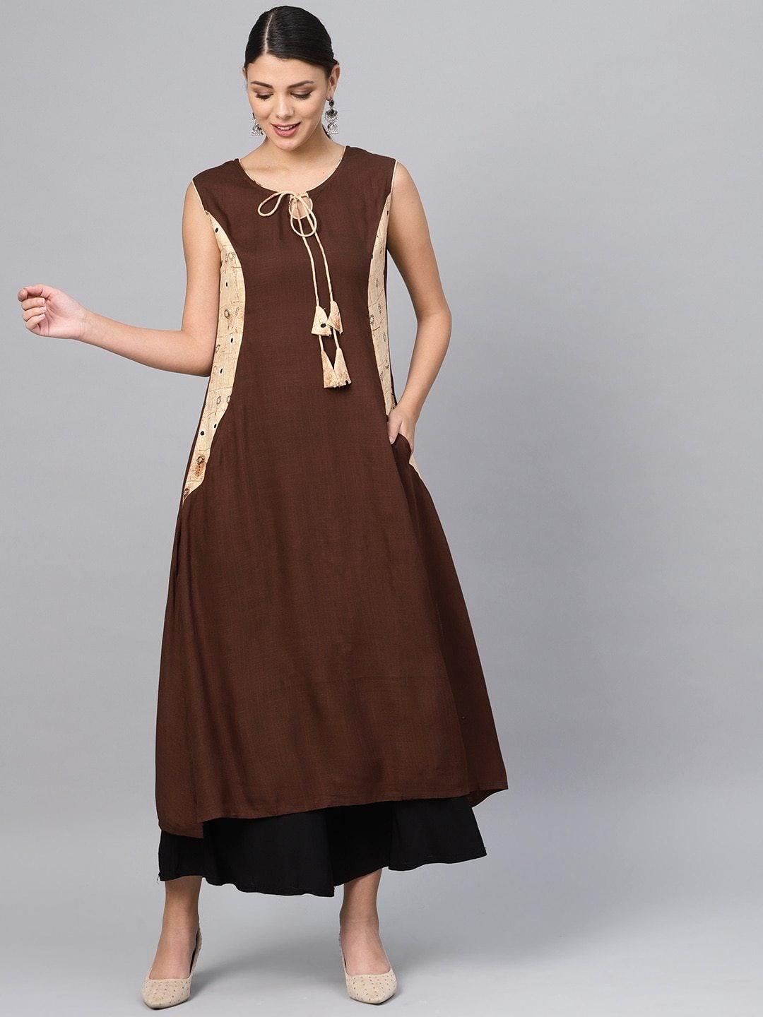 Women's Brown Solid A-Line Kurta - Meeranshi - Indiakreations