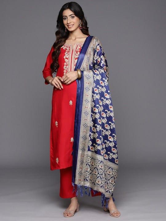 Varanga Ethnic Motifs Embroidered Regular Kurta With Trousers & Dupatta - Indiakreations