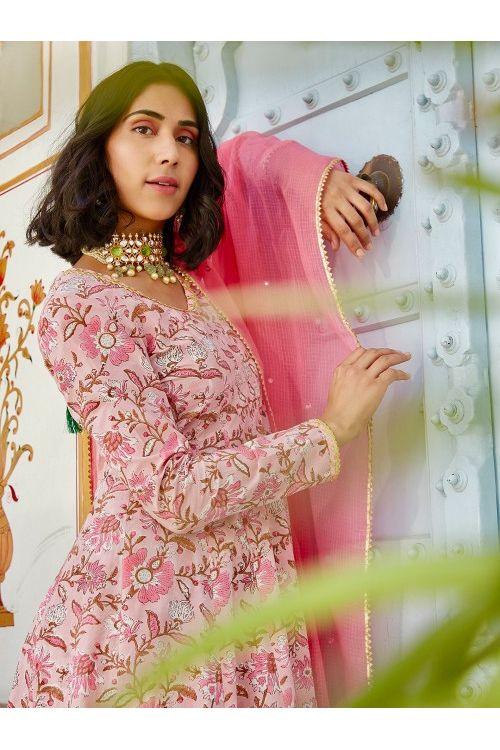 Pink White Floral Anarkali Set - Indiakreations