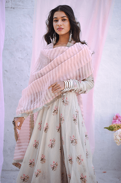 Ambara Grey digital printed Anarkali with Chooridar and Organza dupatta - RTS - Indiakreations