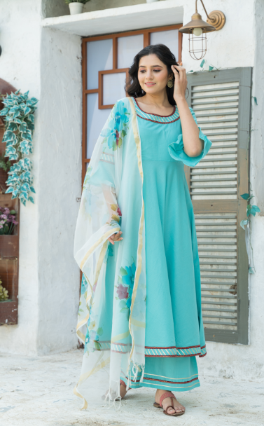 Women's Sky Blue Kurta Set with Hand Paint Organza Dupatta