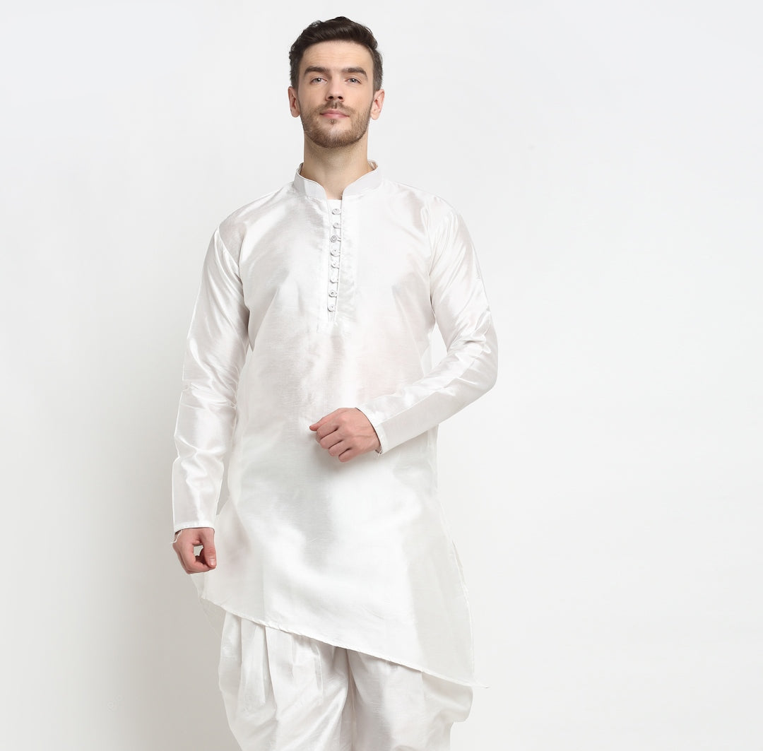 Men's Silk Blend White Asymmetrica Short Kurta - Benstoke