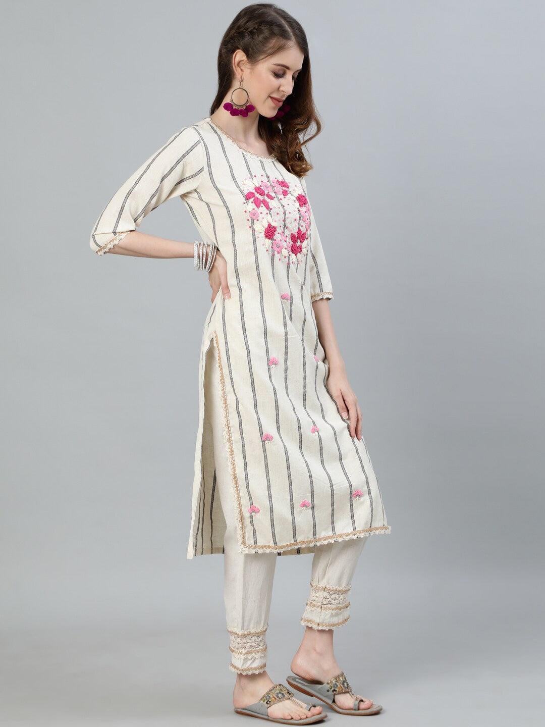 Women's Off Whte Embroidered A-Line Kurta With Trouser & Dupatta - Ishin - Indiakreations