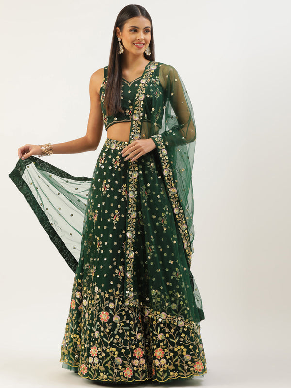 Women's Green Net Sequinse Work Fully-Stitched Lehenga & Stitched Blouse, Dupatta - Panchhi