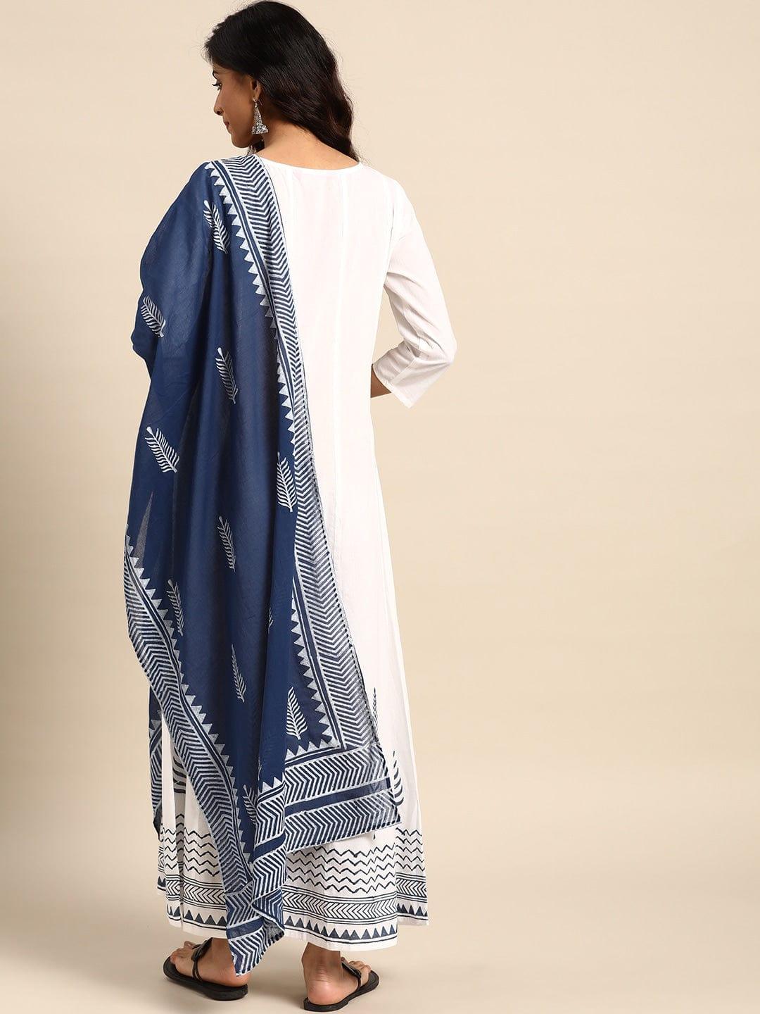 White Printed Maxi Dress With Dupatta - Indiakreations