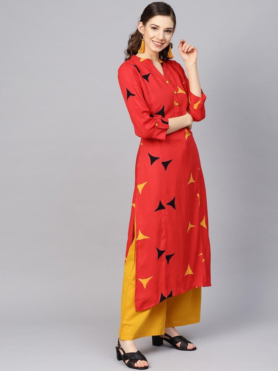 Women's Red & Mustard Yellow Printed Straight Kurta - Meeranshi - Indiakreations