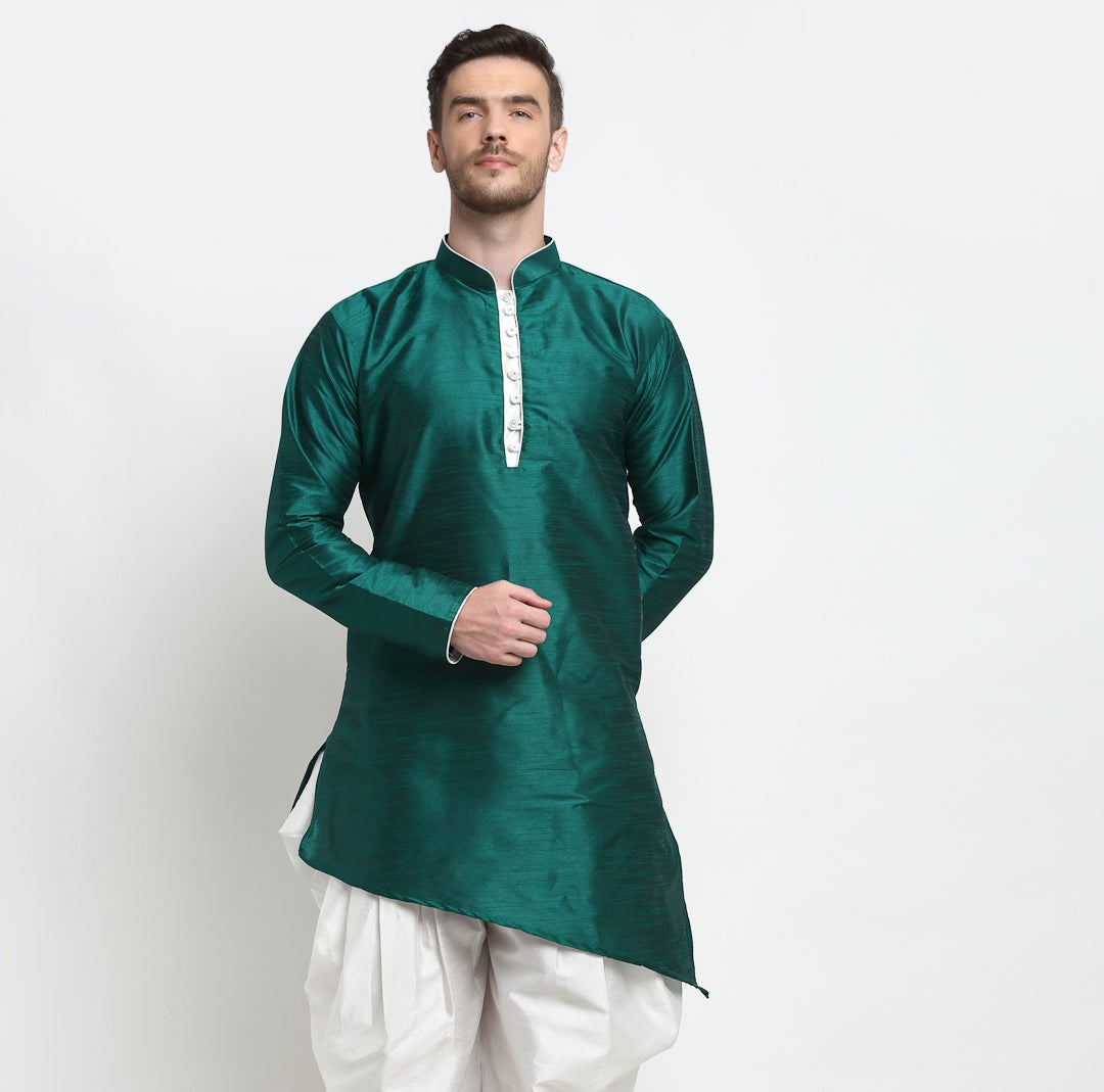 Men's Silk Blend Teal Green Asymmetrica Short Kurta - Benstoke