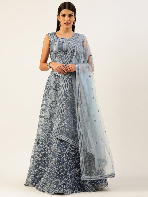 Women's Grey Net Gotapatti Work Fully-Stitched Lehenga & Stitched Blouse, Dupatta - Panchhi