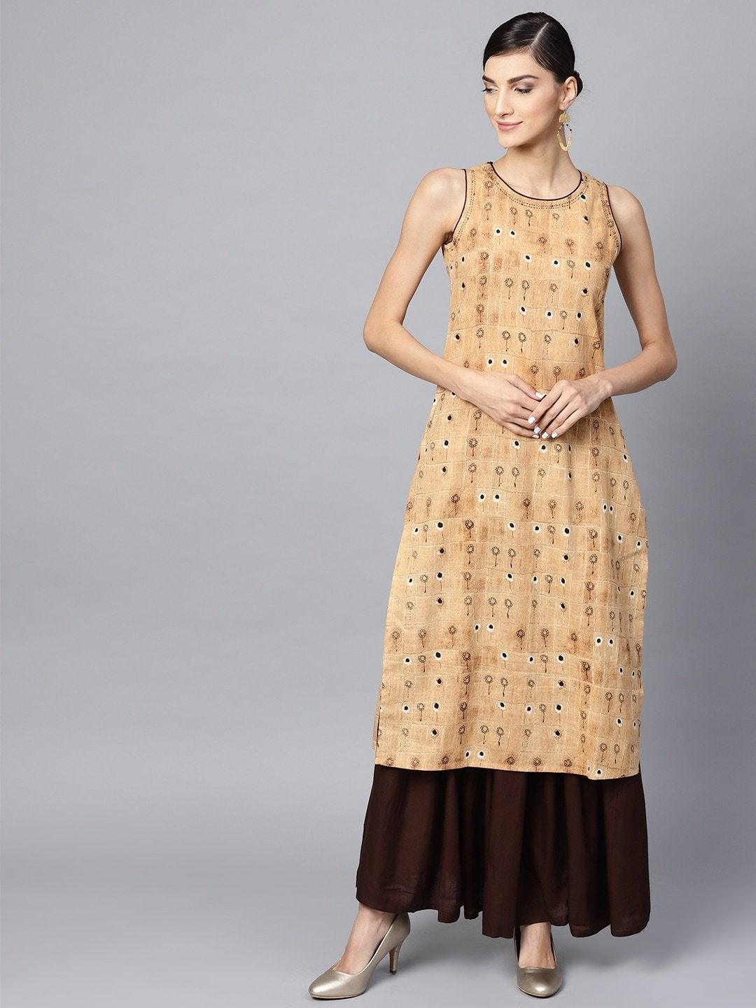 Women's Beige & Coffee Brown Printed Kurta with Skirt - Meeranshi - Indiakreations