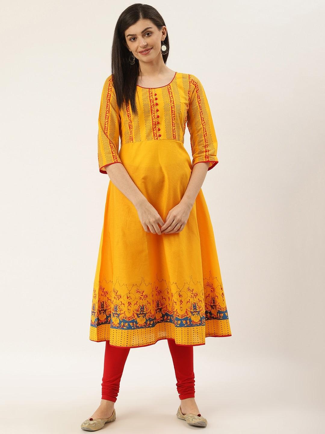 Women's Yellow & Navy Blue Hand Block Printed A-Line Kurta - Wahe-Noor - Indiakreations