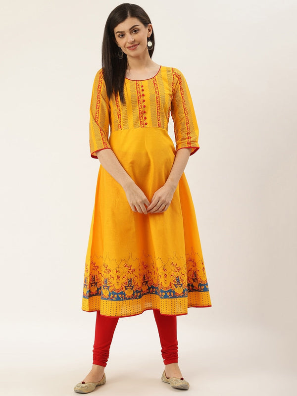 Women's Yellow & Navy Blue Hand Block Printed A-Line Kurta - Wahe-Noor