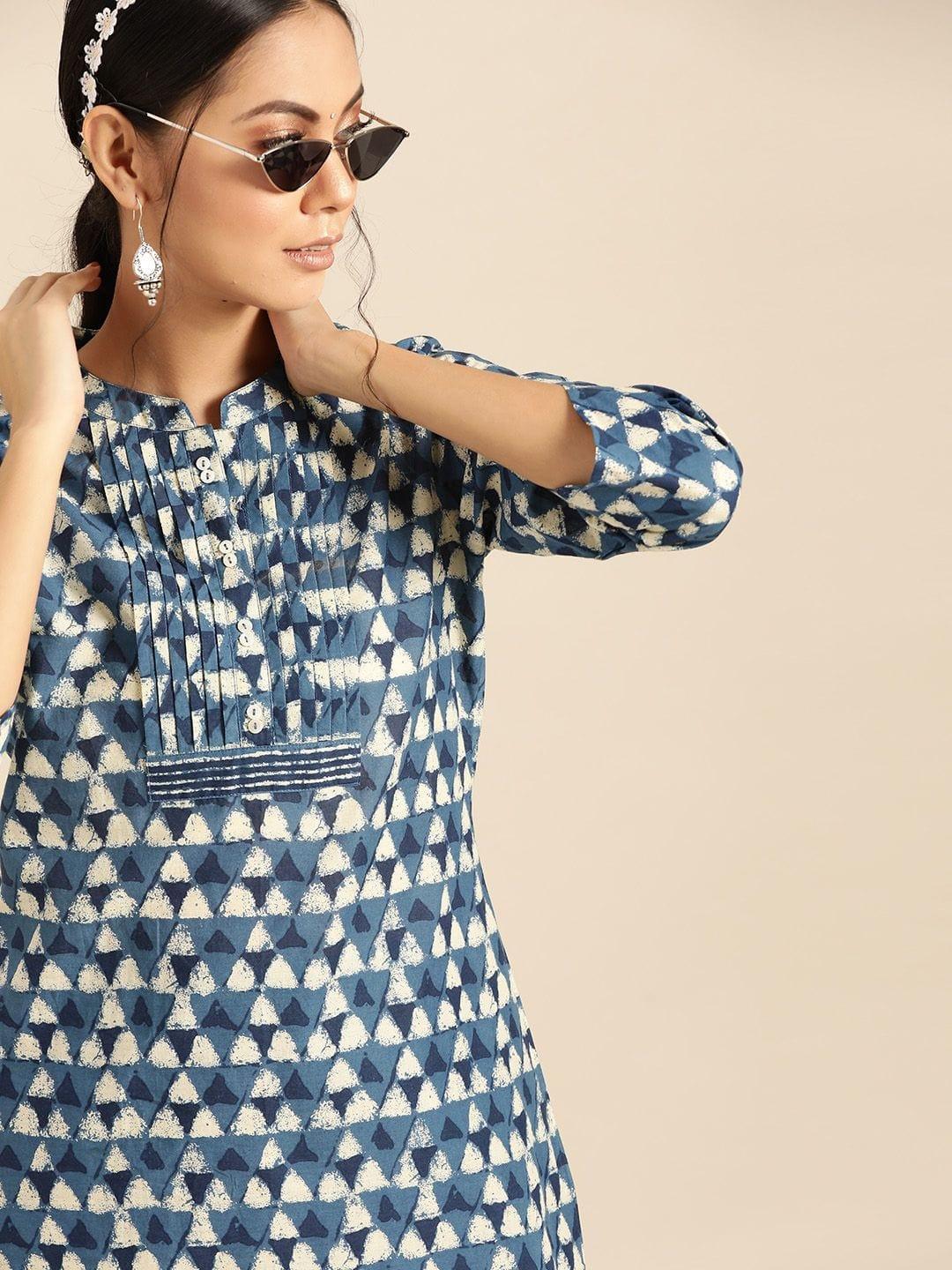 Blue & White Pure Cotton Printed Tunic With Trousers - Indiakreations