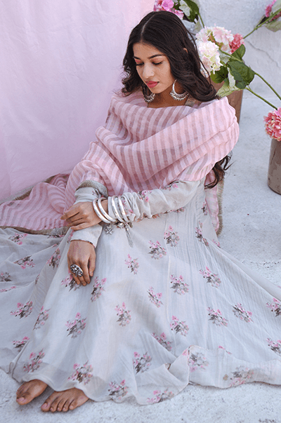 Ambara Grey digital printed Anarkali with Chooridar and Organza dupatta - RTS - Indiakreations